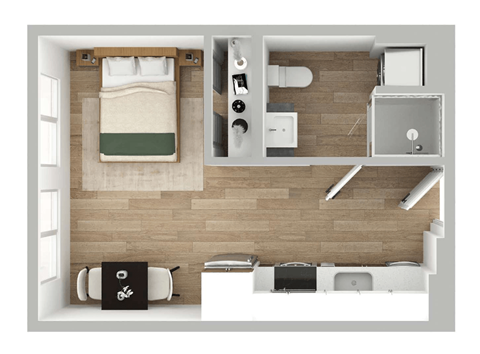 a layout of a bedroom with a bathroom and a living room